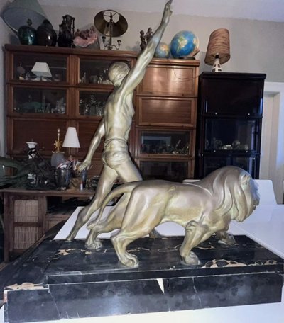 DAVERNY G (xxème) Dresseur De Lion Stylisé 1930 Important Art Deco Bronze Sculpture 74cm