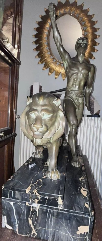 DAVERNY G (xxème) Dresseur De Lion Stylisé 1930 Important Art Deco Bronze Sculpture 74cm