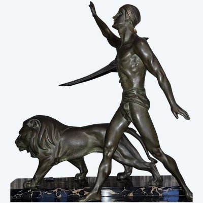 DAVERNY G (xxème) Dresseur De Lion Stylisé 1930 Important Art Deco Bronze Sculpture 74cm