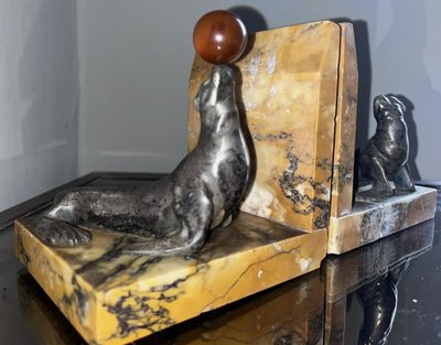 BOURCART Emmanuel (xxeme)serre Livres Art Déco En Bronze Sur Base Marbre Signés