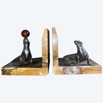 BOURCART Emmanuel (xxeme)serre Livres Art Déco En Bronze Sur Base Marbre Signés
