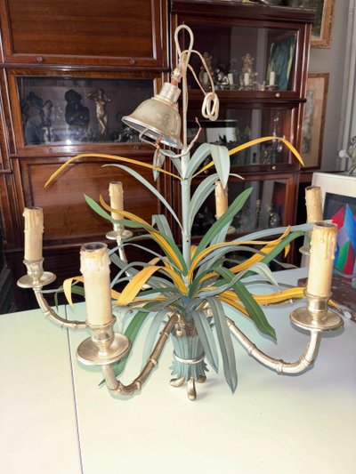 Maison BAGUES Lustre En Bronze, Laiton Et Métal Polychrome En Forme De Bambou à 6 Lumières