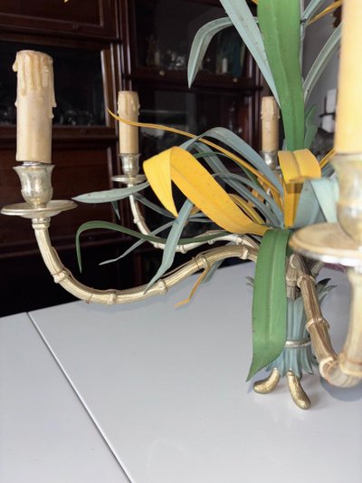 Maison BAGUES Lustre En Bronze, Laiton Et Métal Polychrome En Forme De Bambou à 6 Lumières