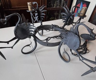 Alessandro MAZZUCOTELLI (1865-1938) (attributed to) Wrought Iron Chandelier Dragons