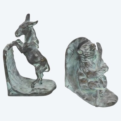 BOFILL Antoine ( 1875-1939 ) Pair Of Bronze Animal Bookends Signed