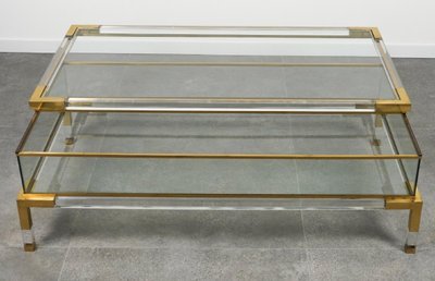 Maison JANSEN, Large Lucite, Brass And Glass Display Table 130x70x40cm