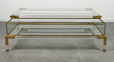 Maison JANSEN, Large Lucite, Brass And Glass Display Table 130x70x40cm