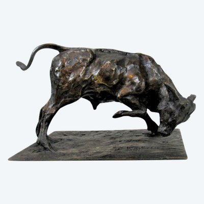 Kämpfender Junger Stier - Bronze von Guido Righetti (c. 1926)