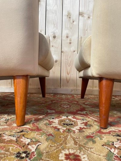 Pair of contemporary armchairs in beige suede