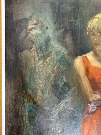 Dipinto olio su tela Mazzonis Ottavio, Torino, anni '70, 44x21cm. Figure femminile e maschile. 