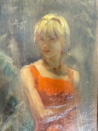 Dipinto olio su tela Mazzonis Ottavio, Torino, anni '70, 44x21cm. Figure femminile e maschile. 