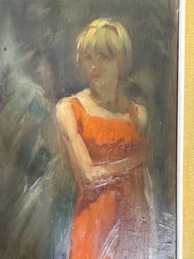 Dipinto olio su tela Mazzonis Ottavio, Torino, anni '70, 44x21cm. Figure femminile e maschile. 