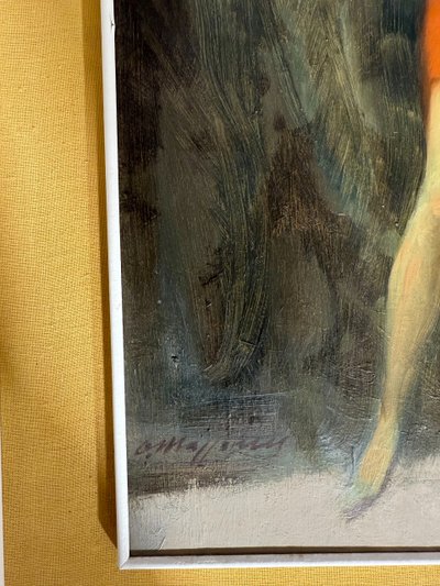 Dipinto olio su tela Mazzonis Ottavio, Torino, anni '70, 44x21cm. Figure femminile e maschile. 