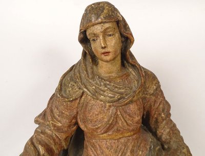 Scultura Statua in legno di tiglio policromo Santa Vergine Fiandre fiamminghe XIX secolo
