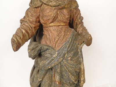 Scultura Statua in legno di tiglio policromo Santa Vergine Fiandre fiamminghe XIX secolo