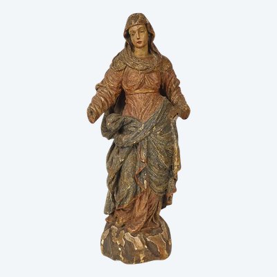 Scultura Statua in legno di tiglio policromo Santa Vergine Fiandre fiamminghe XIX secolo