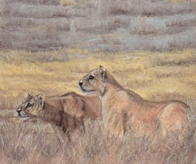 Les Lionnes : école Française XXème siècle pastel signé