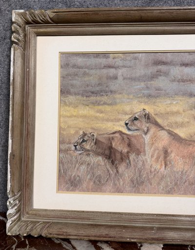 Les Lionnes : école Française XXème siècle pastel signé