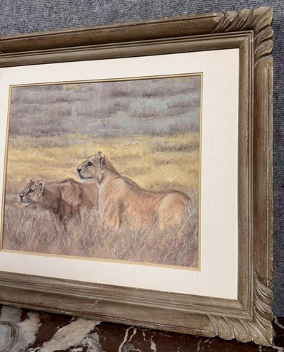 Les Lionnes : école Française XXème siècle pastel signé