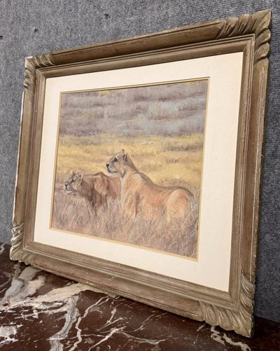 Les Lionnes : école Française XXème siècle pastel signé