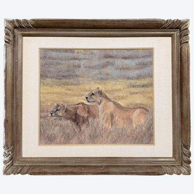 Les Lionnes : école Française XXème siècle pastel signé