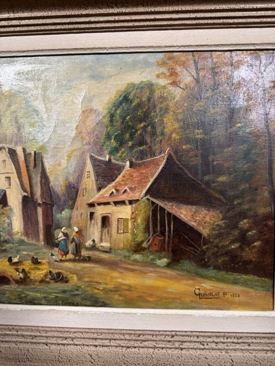 P. Guivalot: Gemälde Öl auf Leinwand belebte ländliche Landschaft signiert und datiert 1956