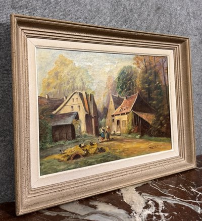 P. Guivalot: Gemälde Öl auf Leinwand belebte ländliche Landschaft signiert und datiert 1956