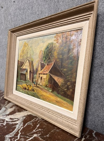 P. Guivalot: Gemälde Öl auf Leinwand belebte ländliche Landschaft signiert und datiert 1956