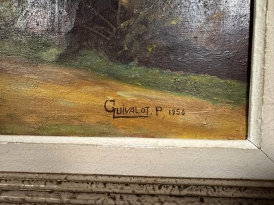 P. Guivalot: Gemälde Öl auf Leinwand belebte ländliche Landschaft signiert und datiert 1956