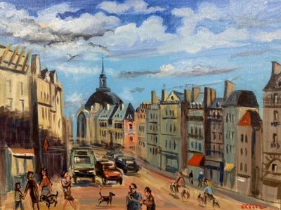 OLLIER : Oil on canvas marouflaged on panel , Animated view of Paris end of XXth century