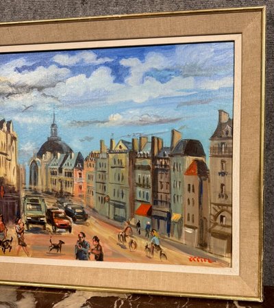 OLLIER : Oil on canvas marouflaged on panel , Animated view of Paris end of XXth century