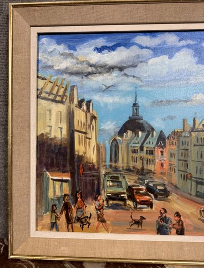 OLLIER : Oil on canvas marouflaged on panel , Animated view of Paris end of XXth century