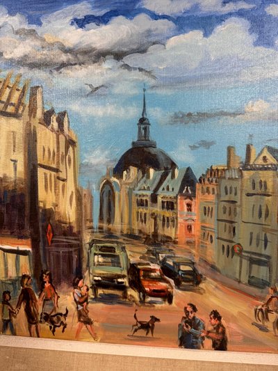 OLLIER : Oil on canvas marouflaged on panel , Animated view of Paris end of XXth century