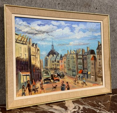 OLLIER : Oil on canvas marouflaged on panel , Animated view of Paris end of XXth century