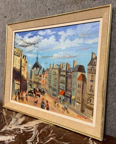 OLLIER : Oil on canvas marouflaged on panel , Animated view of Paris end of XXth century