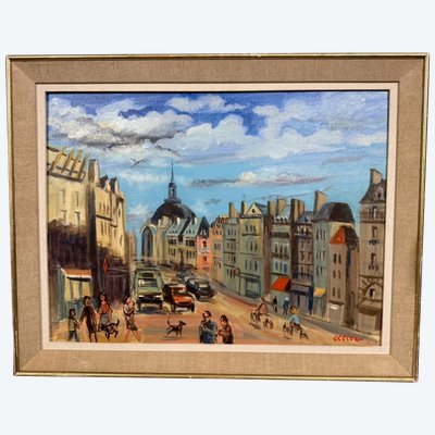 OLLIER : Oil on canvas marouflaged on panel , Animated view of Paris end of XXth century