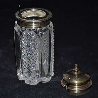 Crystal condiment set with silver frame
