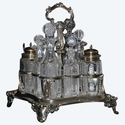 Crystal condiment set with silver frame