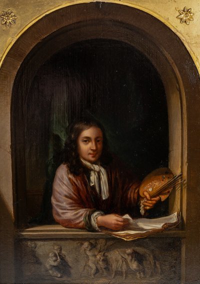 Portrait of a Painter in an Alcove, in the Style of Willem Van Mieris, Oil on Wood circa 1800