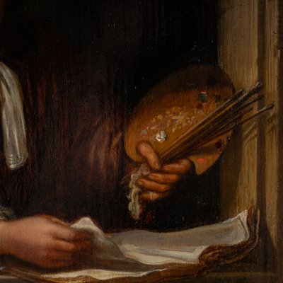 Portrait of a Painter in an Alcove, in the Style of Willem Van Mieris, Oil on Wood circa 1800