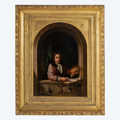 Portrait of a Painter in an Alcove, in the Style of Willem Van Mieris, Oil on Wood circa 1800