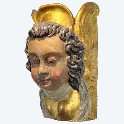 CONSOLE DA PARETE DEL XVII SECOLO CHE RAPPRESENTA UNA TESTA D'ANGELO IN LEGNO POLICROMATO