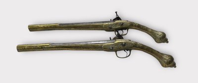 Paar "Kubur" Pistolen - Osmanische Balkan Türkische Kaiserreich Bronze Ziseliert 1830" Feuersteinpistole