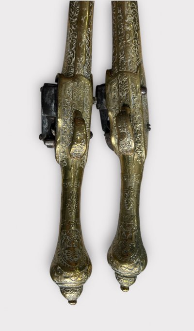 Paar "Kubur" Pistolen - Osmanische Balkan Türkische Kaiserreich Bronze Ziseliert 1830" Feuersteinpistole