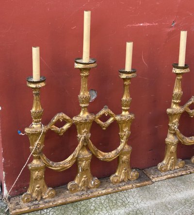 Pair Of Gilded Wooden Three-Light Sconce Picks 18th Century