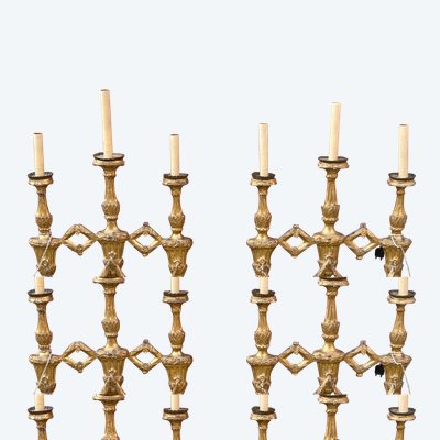 Pair Of Gilded Wooden Three-Light Sconce Picks 18th Century