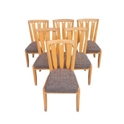 Set of six vintage chairs in light oak, Guillerme and Chambron