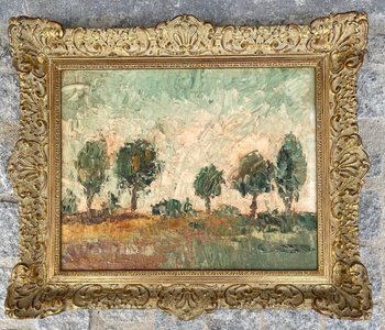 BÖHM Lipót, Peintre Hongrois, Budapest  (1916-1995). Paysage, huile sur isorel.