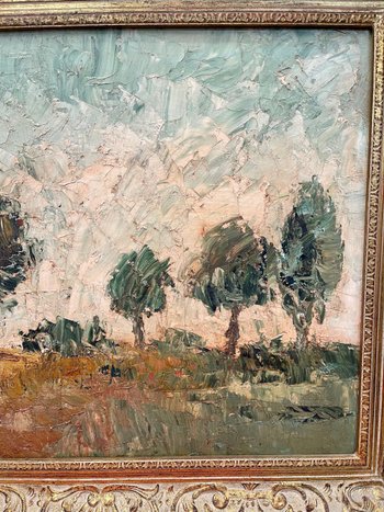 BÖHM Lipót, Peintre Hongrois, Budapest  (1916-1995). Paysage, huile sur isorel.