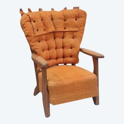 Large Armchair in Solid Oak, Guillerme and Chambron